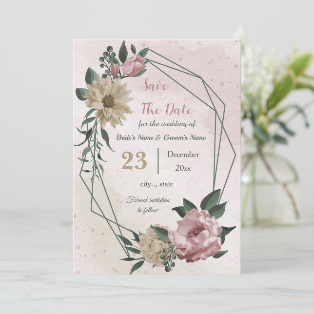pink champagne flowers botanical save the date (Standing Front)