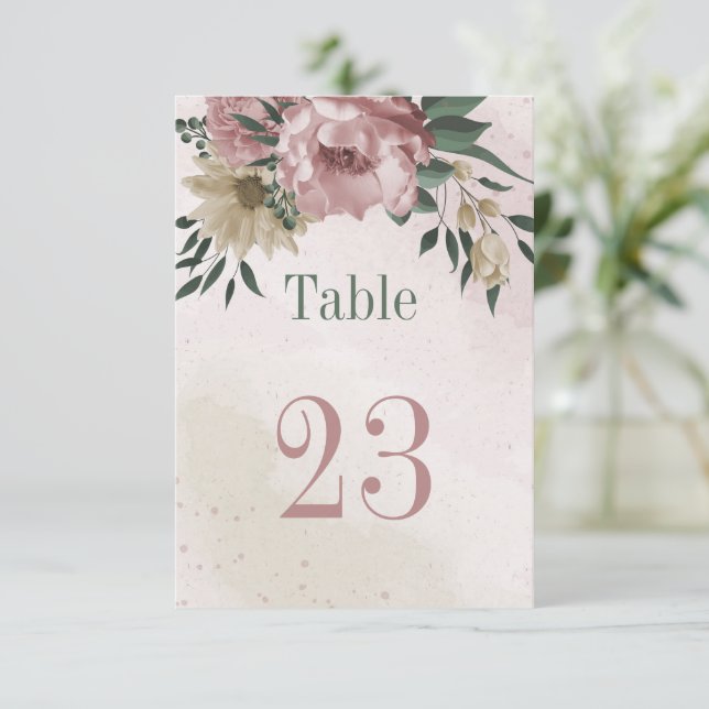 pink champagne flowers botanical table number (Standing Front)