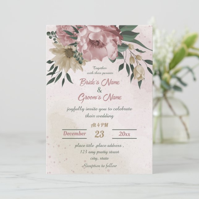 pink champagne flowers botanical wedding  invitation (Standing Front)