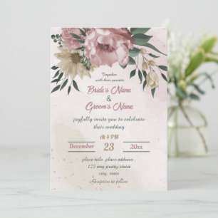 pink champagne flowers botanical wedding invitation