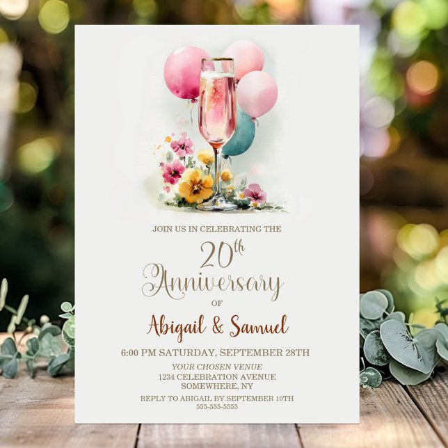 Pink Champagne Glass 20th Wedding Anniversary Invitation (Creator Uploaded)