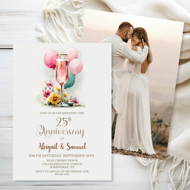 Pink Champagne Glass 25th Wedding Anniversary Invitation (Creator Uploaded)