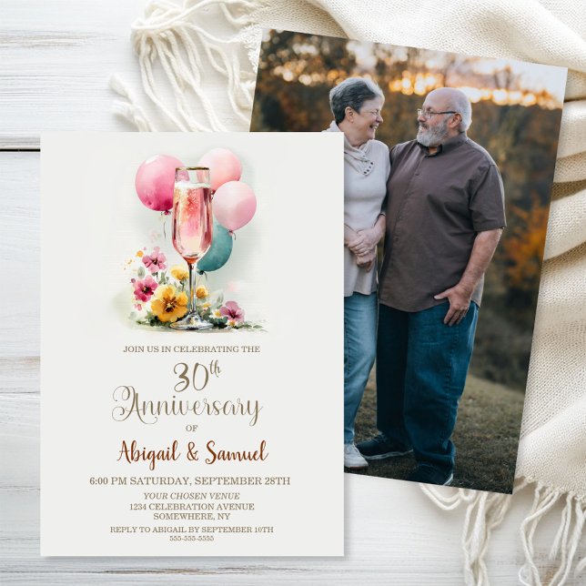 Pink Champagne Glass 30th Wedding Anniversary Invitation (Creator Uploaded)
