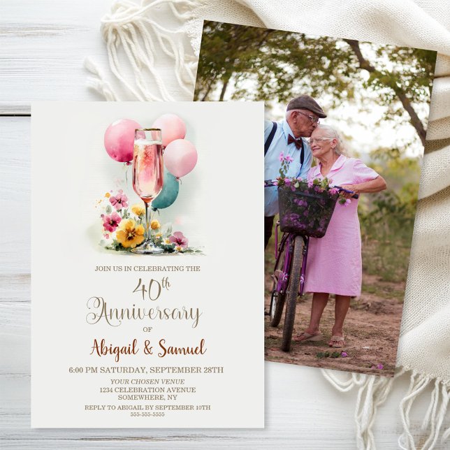 Pink Champagne Glass 40th Wedding Anniversary Invitation (Creator Uploaded)