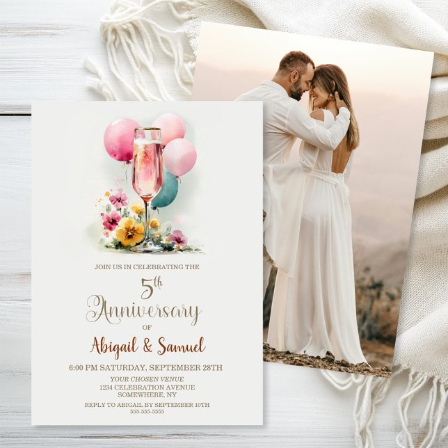 Pink Champagne Glass 5th Wedding Anniversary Invitation (Creator Uploaded)