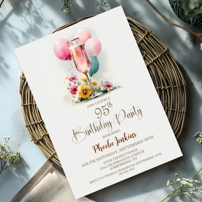 Pink Champagne Glass 95th Birthday Party Invitation (Creator Uploaded)