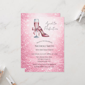 Pink Champagne Glass Aged To Perfection Birthday Invitation