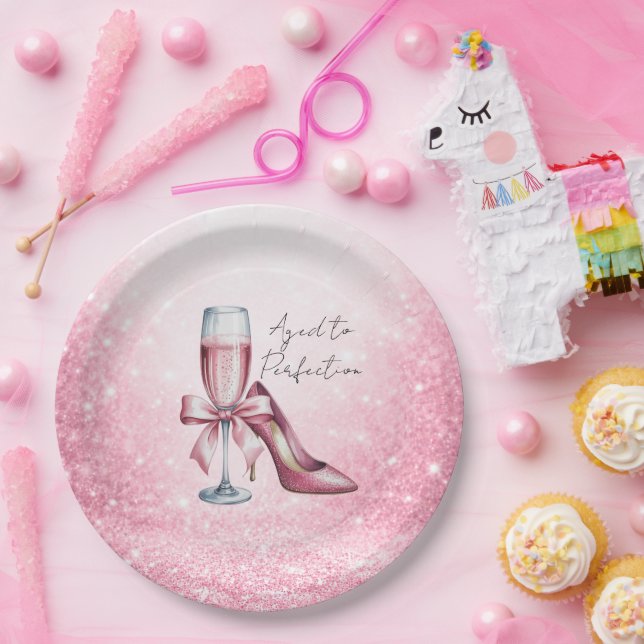 Pink Champagne Glass Aged To Perfection Birthday Paper Plate (Party)