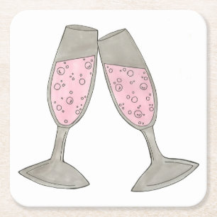 Pink Champagne Glass Wedding Bridal Shower Cheers Square Paper Coaster