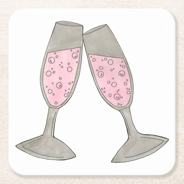 Pink Champagne Glass Wedding Bridal Shower Cheers Square Paper Coaster (Front)