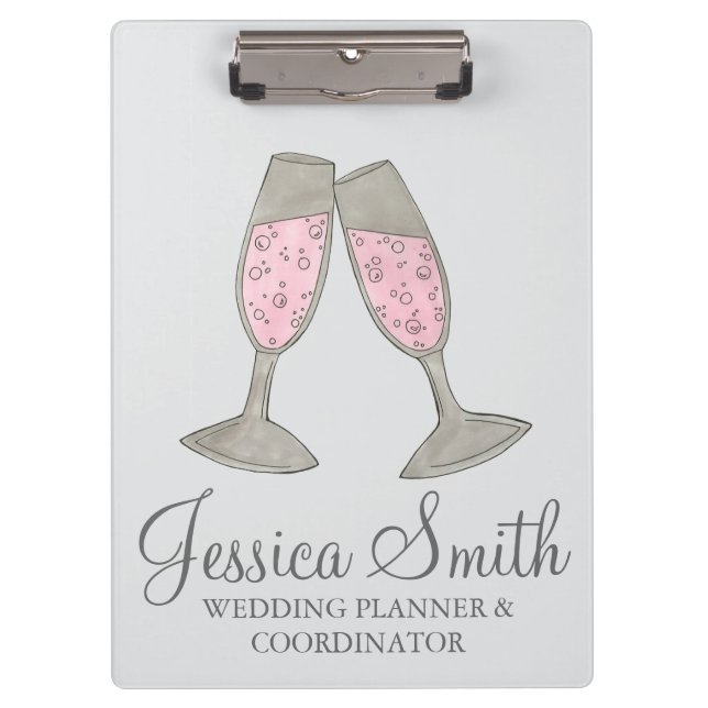 Pink Champagne Glass Wedding Planner Coordinator Clipboard (Front)