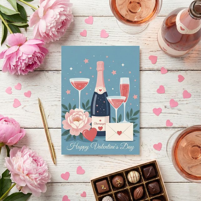 Pink Champagne Hearts Romantic Valentine's Day Holiday Card (Creator Uploaded)