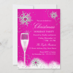 Pink Champagne Snowflake Christmas Holiday Party Invitation