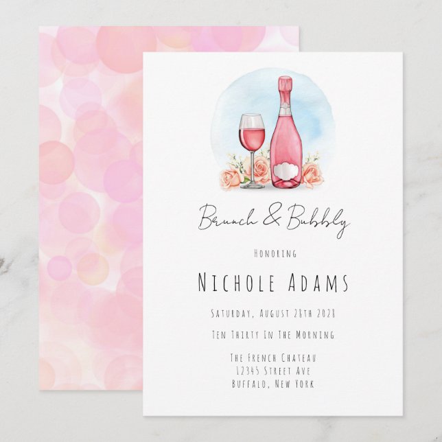 Pink Champagne Watercolor Brunch and Bubbly Invitation (Front/Back)