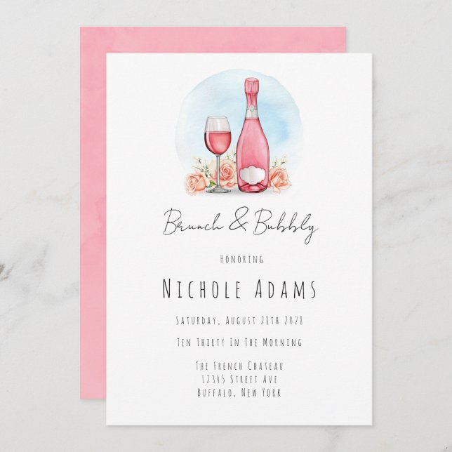 Pink Champagne Watercolor Brunch and Bubbly Invitation (Front/Back)