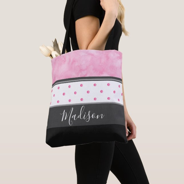 Pink Charcoal Polka Dot Block Stripes Tote Bag (Close Up)