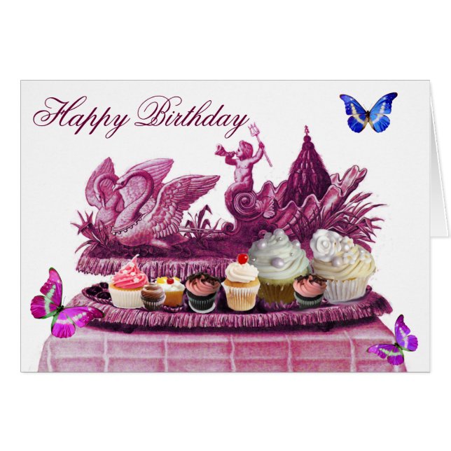 PINK CHARIOT OF SWANS AND CUPCAKES HAPPY BIRTHDAY (Front Horizontal)