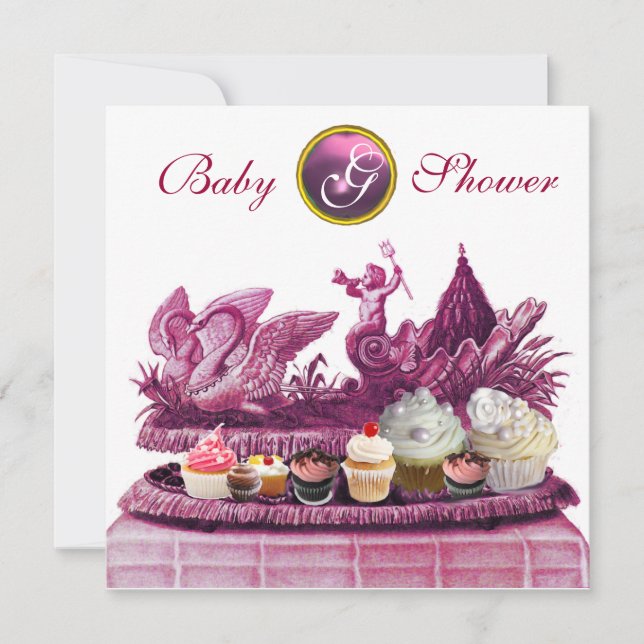 PINK CHARIOT OF SWANS / CUPCAKES GIRL BABY SHOWER INVITATION (Front)
