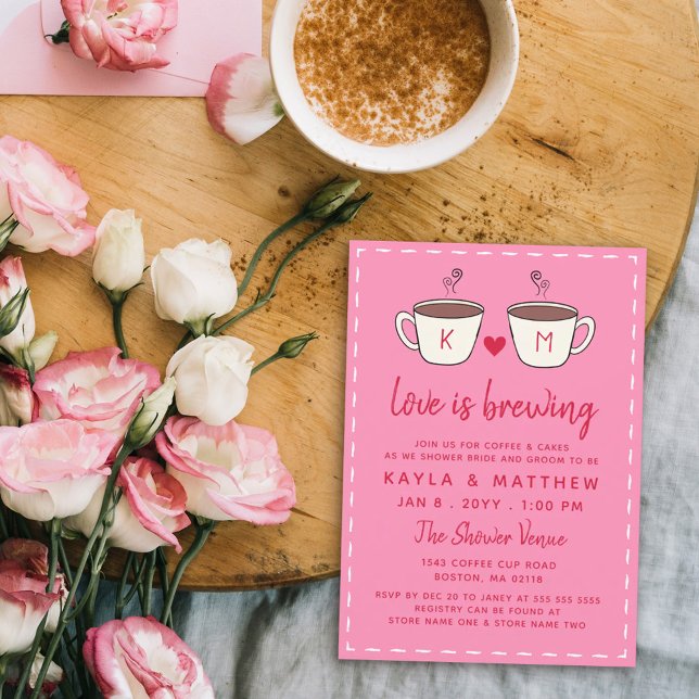 Pink Charming Coffee Cups Love Is Brewing Shower Invitation (Creator Uploaded)