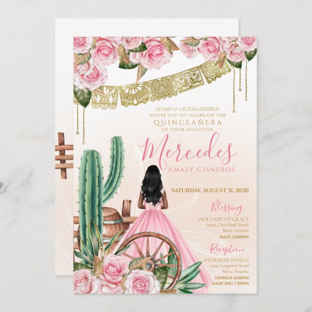 Pink Charro Western Floral Beautiful Cacti Quince Invitation (Front/Back)