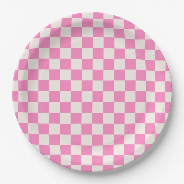 Pink Check, Chequerboard Pattern, Chequered Paper Plate (Front)