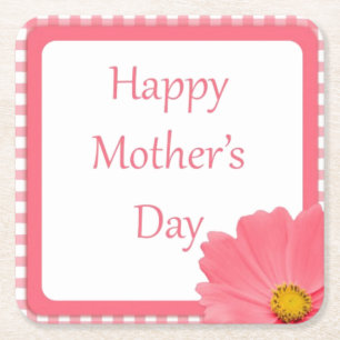 Pink Check Floral Mothers Day Square Paper Coaster