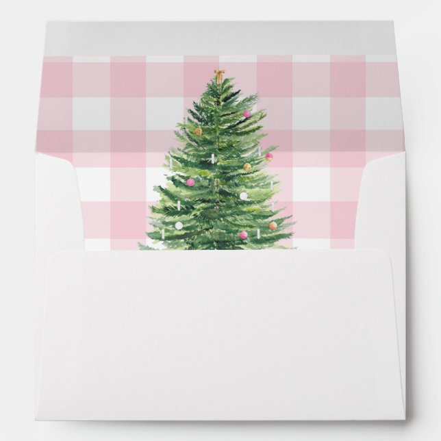 Pink Check Plaid Pastel Christmas Tree Envelope (Back (Bottom))