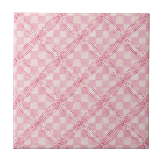 PINK CHECK QUILT 4.25" Ceramic Tile (Front)