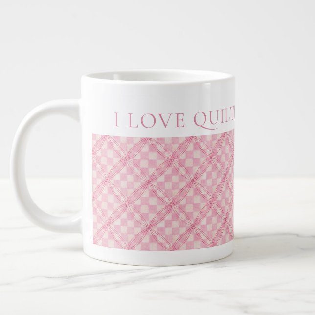 PINK CHECK QUILT Big White Mug + Text (Left)