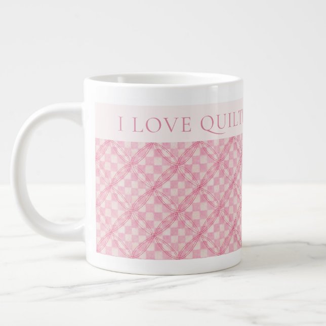 PINK CHECK QUILT Big White Mug + Text / Blush (Left)
