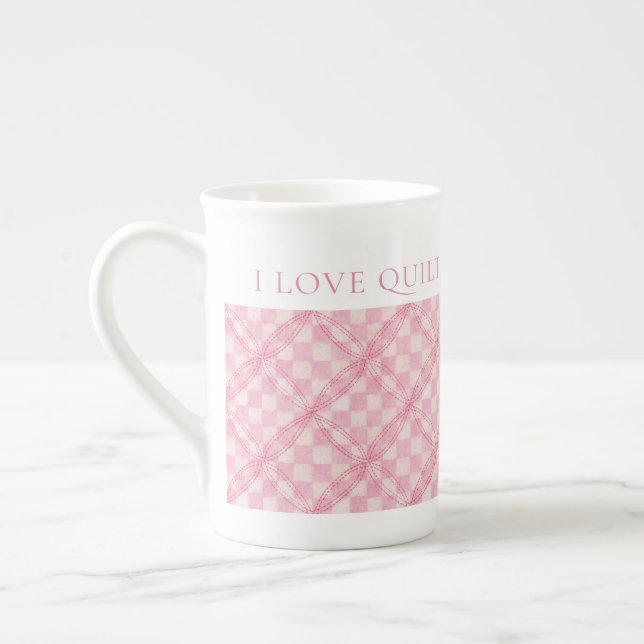 PINK CHECK QUILT Bone China Mug + Text  (Left)