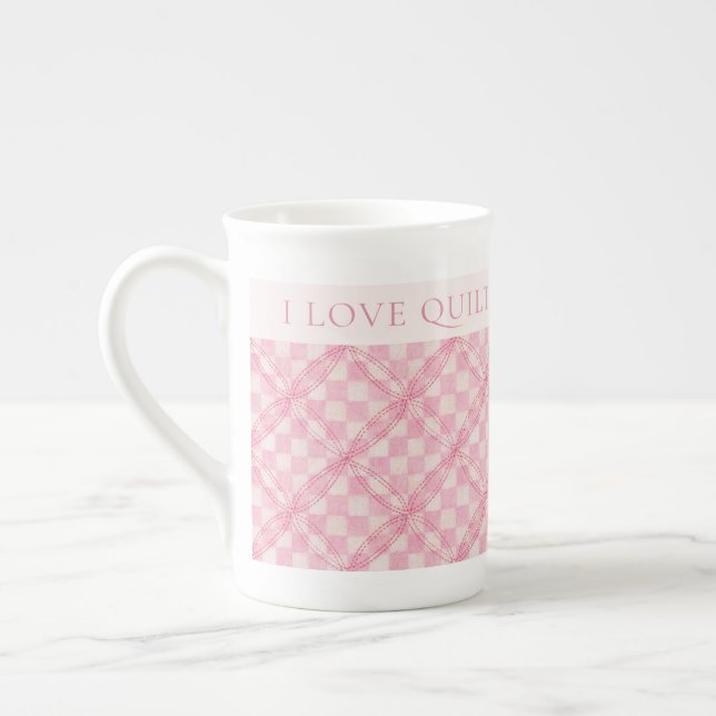 PINK CHECK QUILT Bone China Mug + Text / Blush (Left)