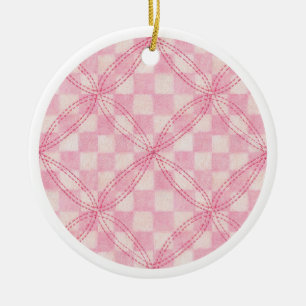 PINK CHECK QUILT Ceramic Circle Ornament