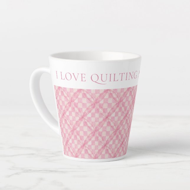 PINK CHECK QUILT Latte Mug + Text  (Left Angle)
