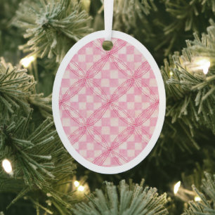 PINK CHECK QUILT Metal Oval Ornament