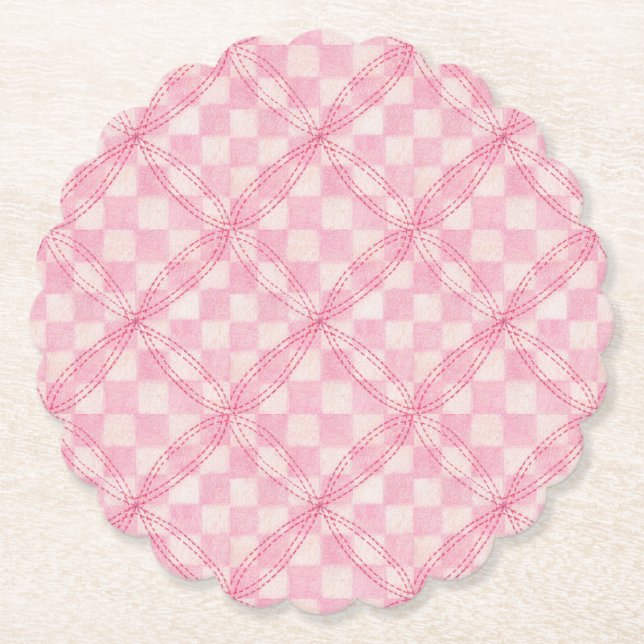 PINK CHECK QUILT Scalloped Round Paper Coasters (Front)