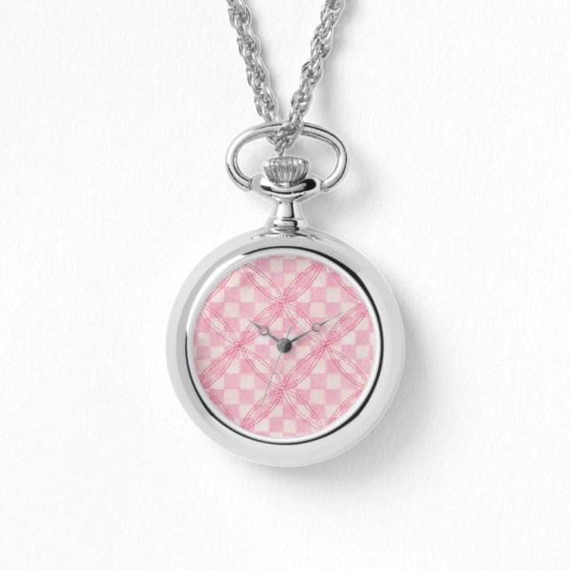 PINK CHECK QUILT Silver Necklace Watch (Front)