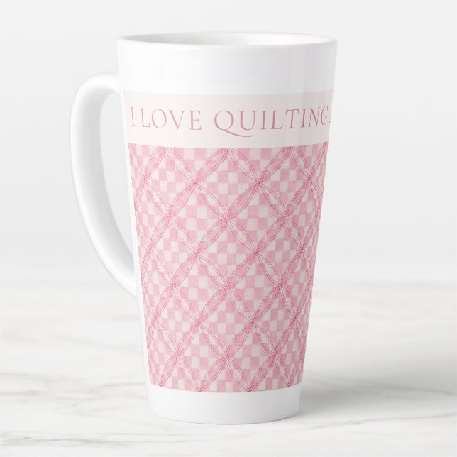 PINK CHECK QUILT Tall Latte Mug + Text / Blush (Left Angle)
