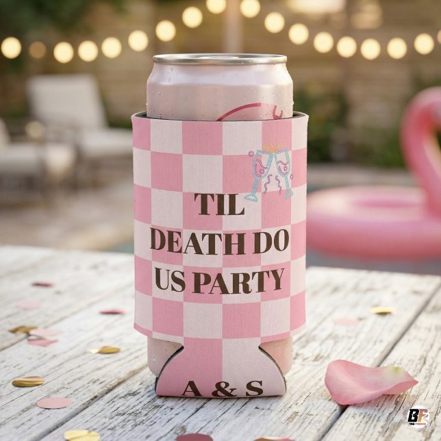 Pink Check "Til Death Do Us Party" Wedding Bachelo Can Cooler (Creator Uploaded)