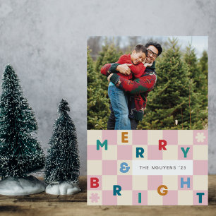 Pink Checkerboard Merry & Bright Christmas Card