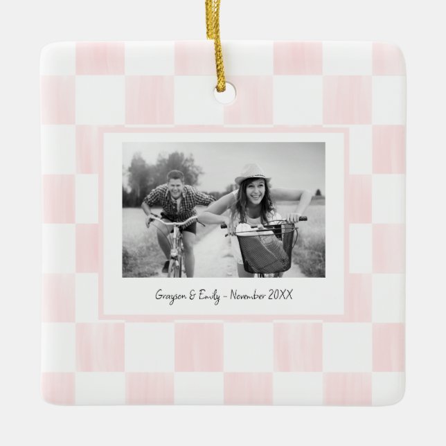 Pink Checkerboard Personalized Photo Ceramic Ornament (Front)