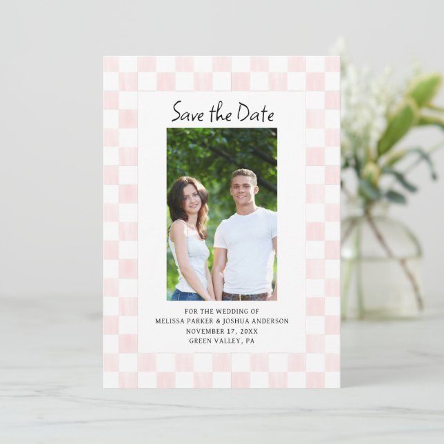 Pink Checkerboard Photo Save the Date Invitation (Standing Front)