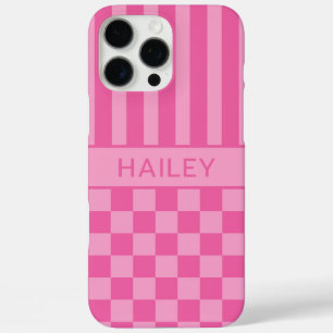 Pink Checkered Striped Personalized iPhone 16 Pro Max Case