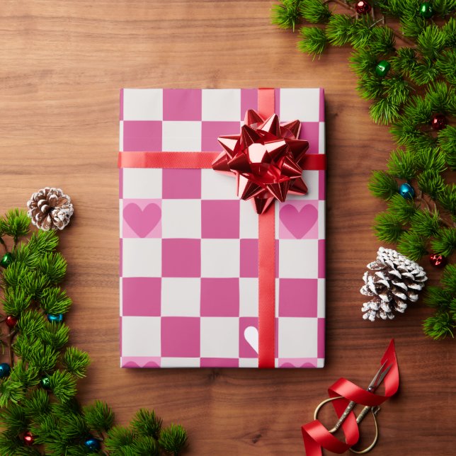 Pink Checkers & Hearts Wrapping Paper (Holiday Gift)