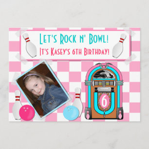 Pink Checkers Rock And Bowl Bowling Birthday Party Invitation