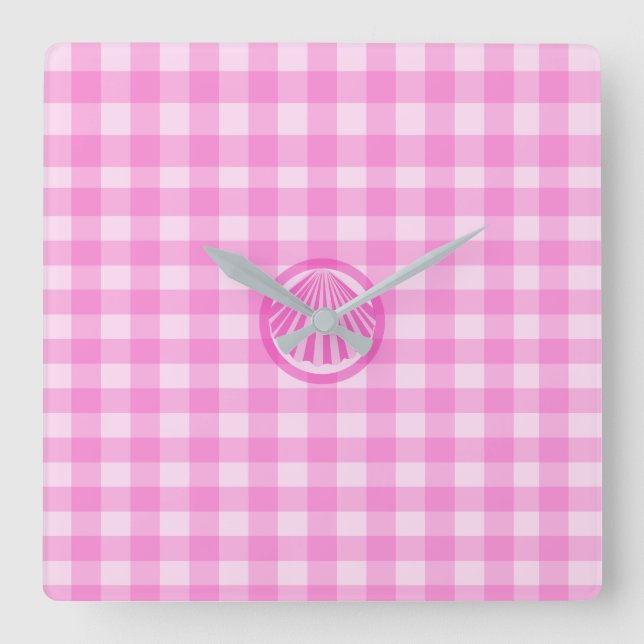 Pink Checkers with Sea Shell- Square Wall Clock (Front)