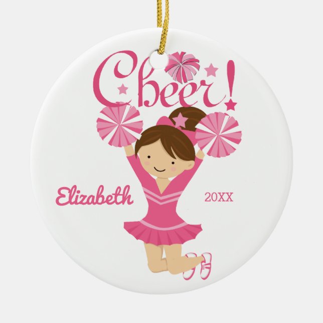 Pink Cheer Brunette Cheerleader Ornament (Front)