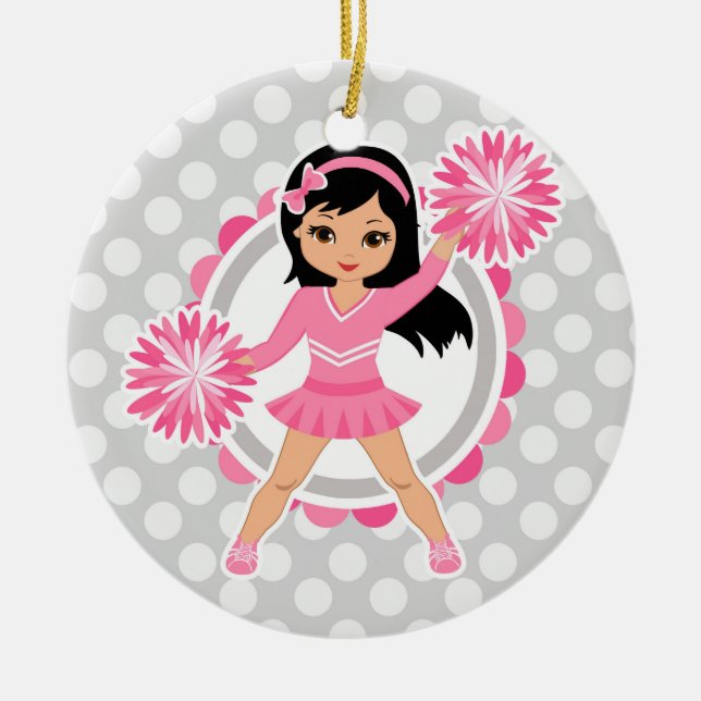 Pink Cheerleader Black Hair - Cute Cheer Ceramic Ornament (Front)