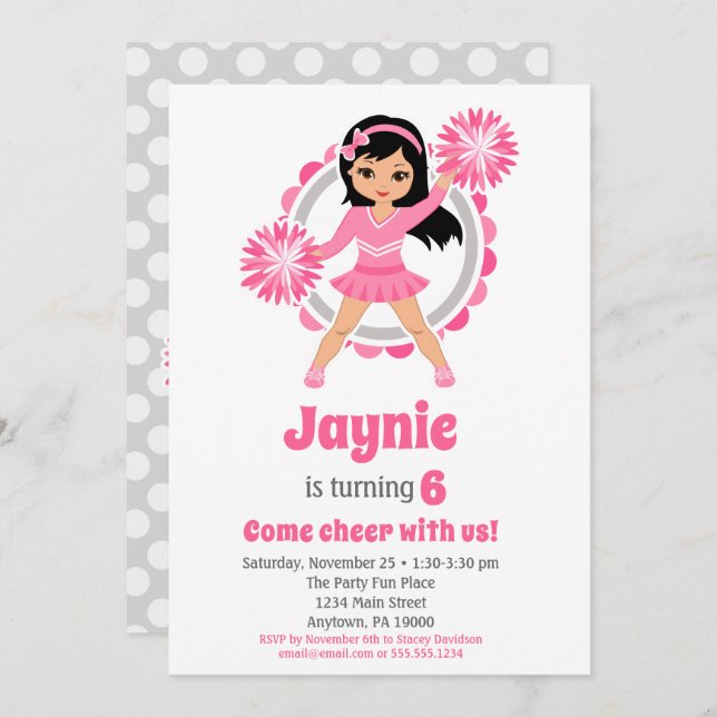 Pink Cheerleader Black Hair Girls Cheer Birthday Invitation (Front/Back)
