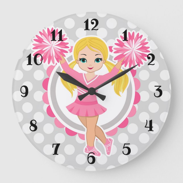 Pink Cheerleader Blonde - Cute Cheer Large Clock (Front)